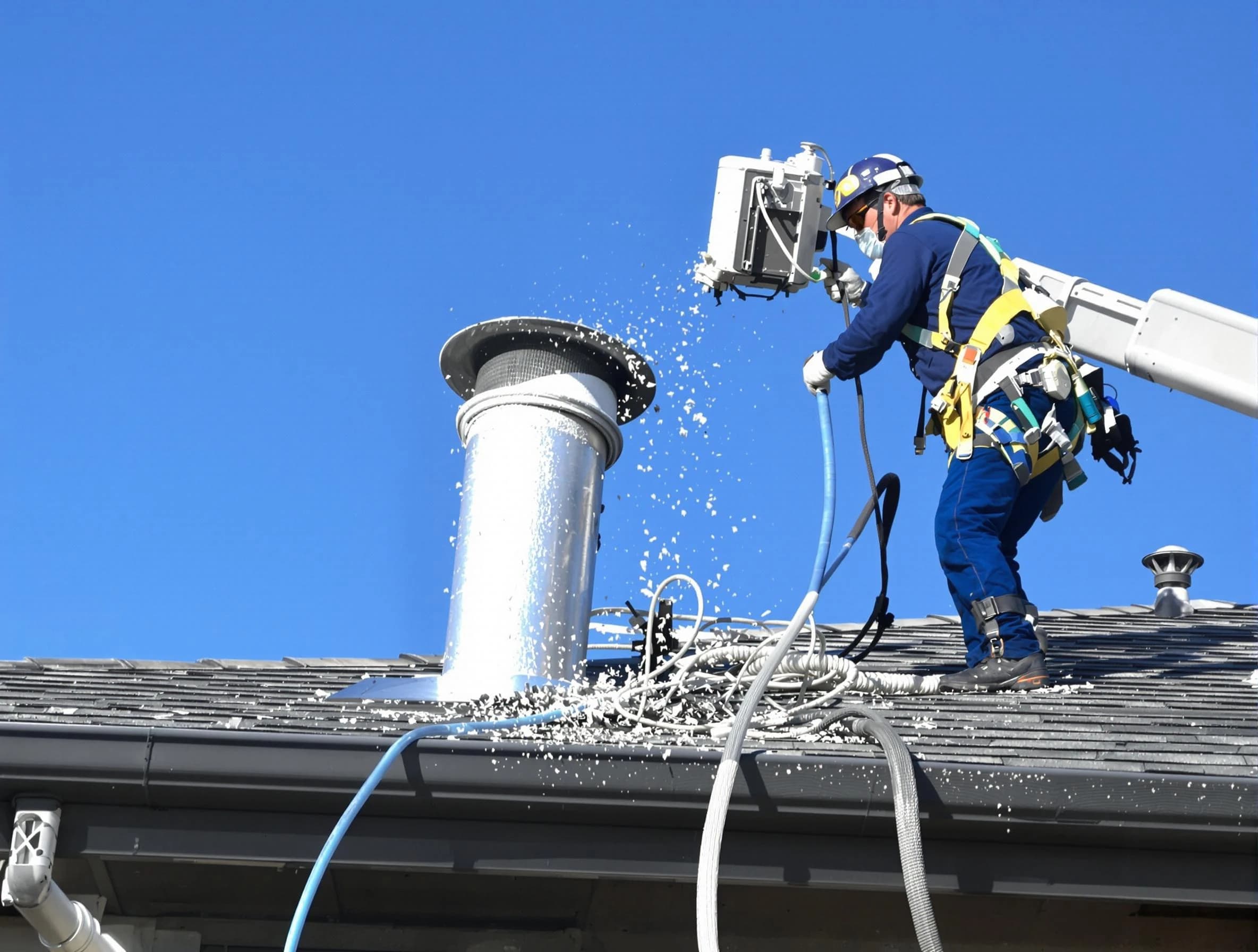 Washington Dryer Vent Cleaning certified technician safely cleaning a roof-mounted dryer vent in Washington