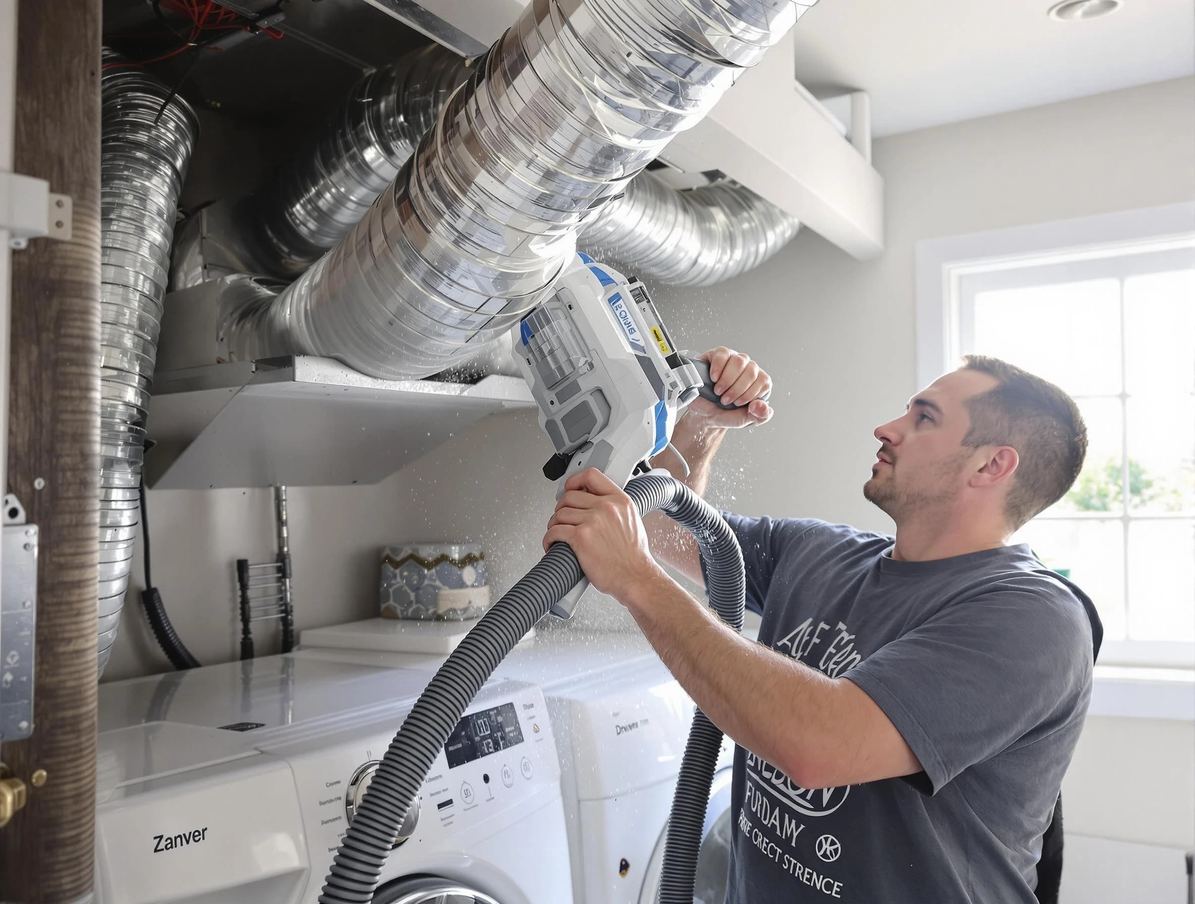 Washington Dryer Vent Cleaning specialist cleaning deep within a dryer vent duct system in Washington